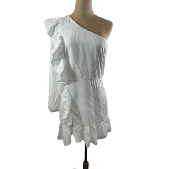 "LULUS" White One Shoulder Summer Dress SZ L Missing BELT!! Cottage Core Wedding - Picture 1 of 11